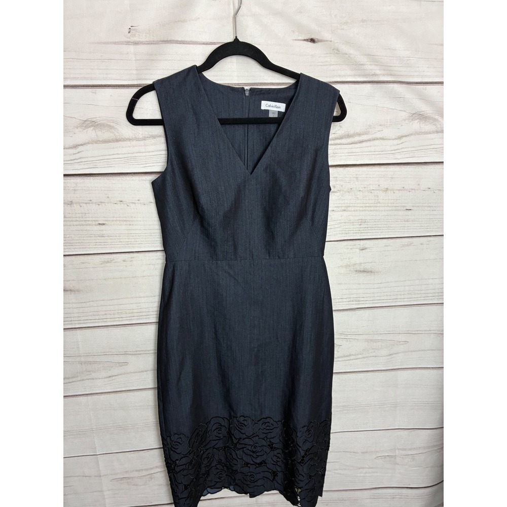 Calvin Klein Womens Indigo Blue Sheath Dress Floral Eyelet Hem V-Neck Size 4